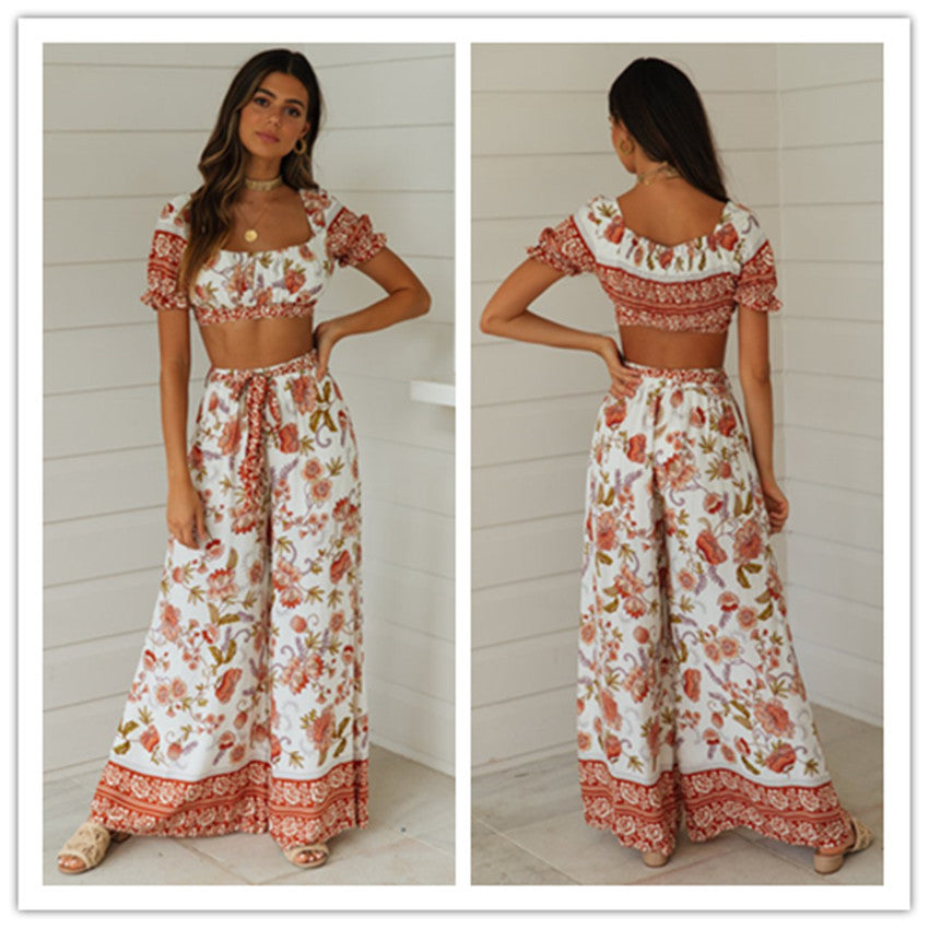 American Style Square Neck Ruffle Print Suit Short Suspender Top And Wide Leg Pants White