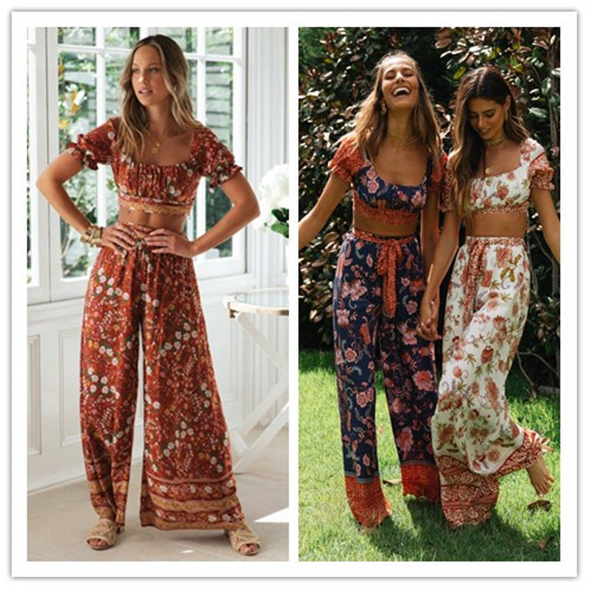 American Style Square Neck Ruffle Print Suit Short Suspender Top And Wide Leg Pants