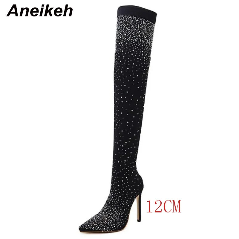 Aneikeh Sexy High Heels Sock Over-the-Knee Boots Pointed Toe Design Crystal Rhinestone Stretch Fabric Pole Dancing Women Shoes 12CM-Black