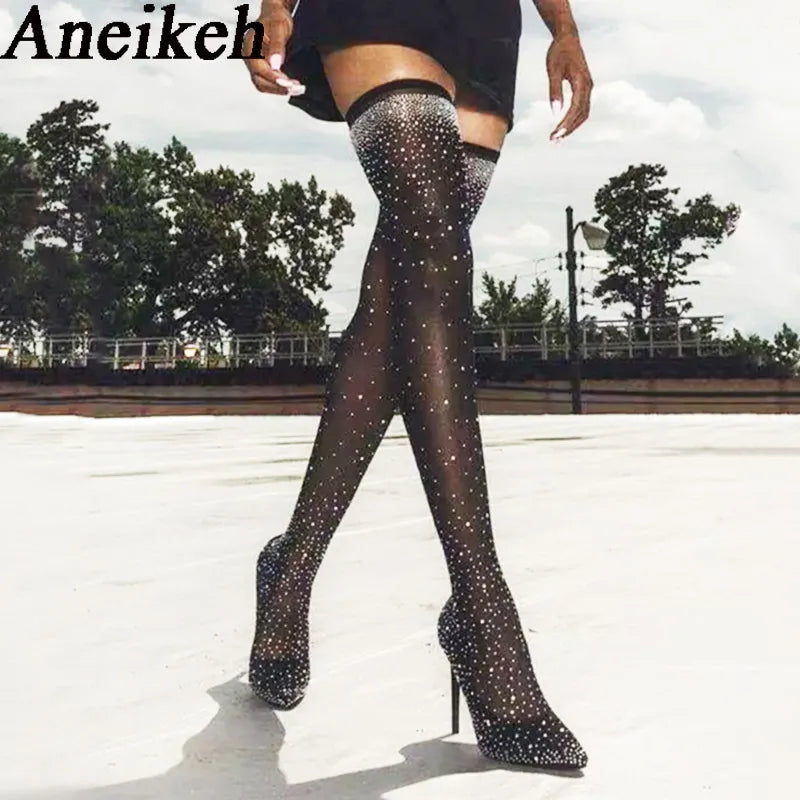 Aneikeh Sexy High Heels Sock Over-the-Knee Boots Pointed Toe Design Crystal Rhinestone Stretch Fabric Pole Dancing Women Shoes