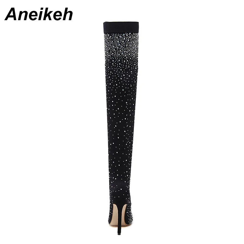 Aneikeh Sexy High Heels Sock Over-the-Knee Boots Pointed Toe Design Crystal Rhinestone Stretch Fabric Pole Dancing Women Shoes