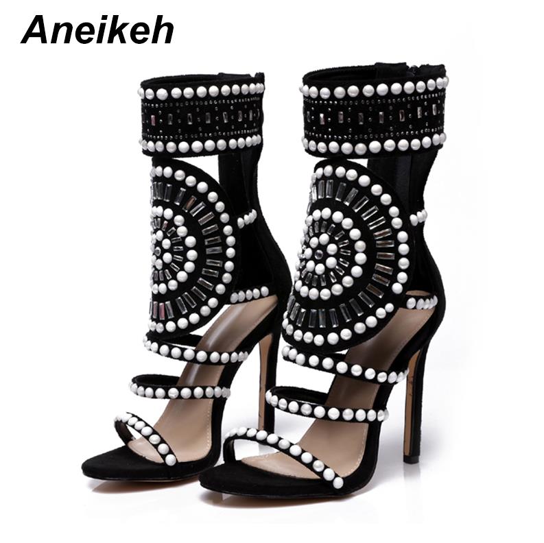 Aneikeh Women Fashion Open Toe Rhinestone Design High Heel Sandals Crystal Ankle Wrap Glitter Diamond Gladiator Black Size 35-42 Black