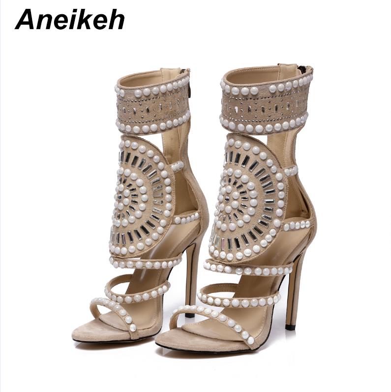 Aneikeh Women Fashion Open Toe Rhinestone Design High Heel Sandals Crystal Ankle Wrap Glitter Diamond Gladiator Black Size 35-42 Apricot