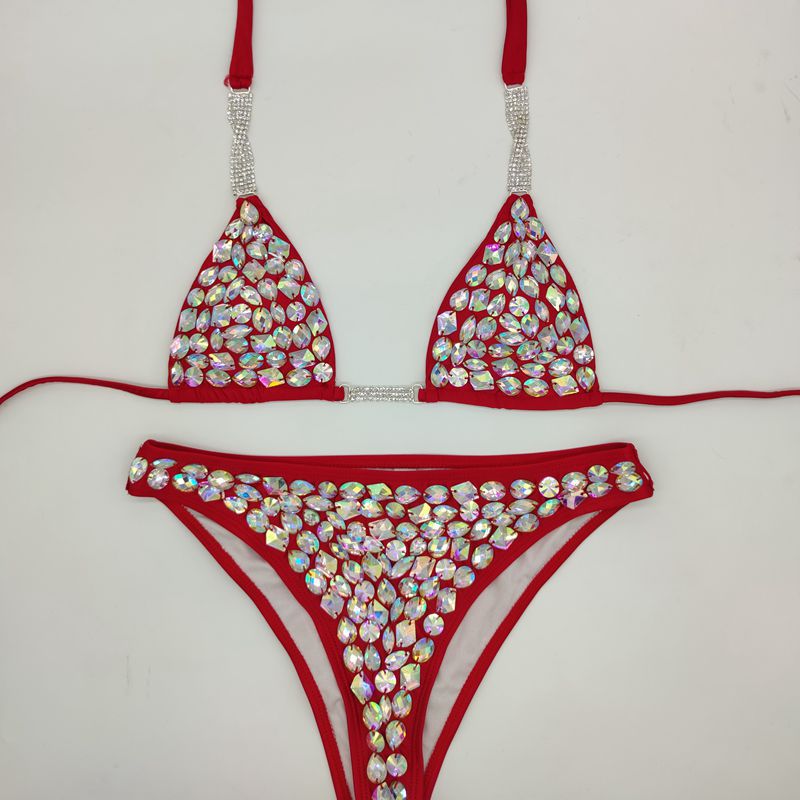 Anibol Sexy Rhinestone Triangle Bikini Luxury Crystal Diamond Women's Swimsuit Push Up Gathered Straps Swimwear Red