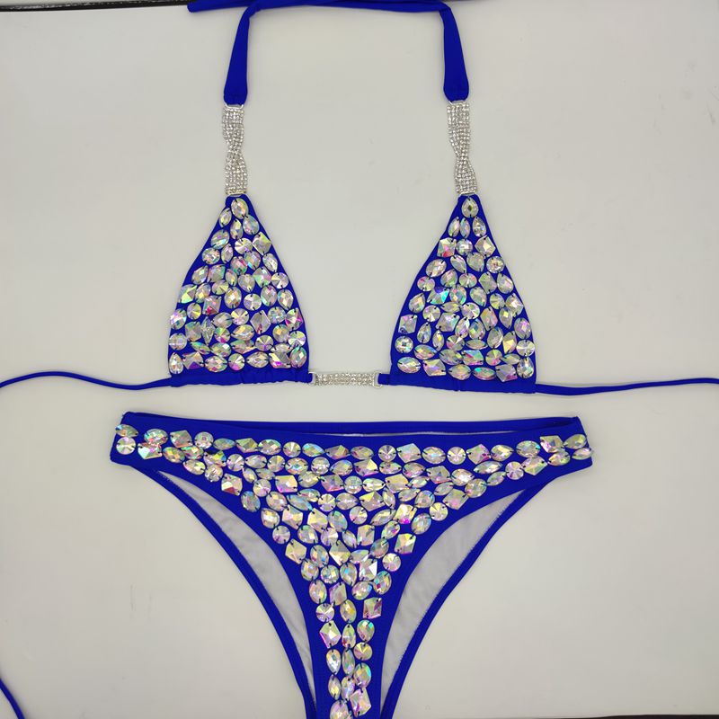 Anibol Sexy Rhinestone Triangle Bikini Luxury Crystal Diamond Women's Swimsuit Push Up Gathered Straps Swimwear Blue