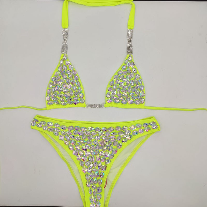 Anibol Sexy Rhinestone Triangle Bikini Luxury Crystal Diamond Women's Swimsuit Push Up Gathered Straps Swimwear Yellow
