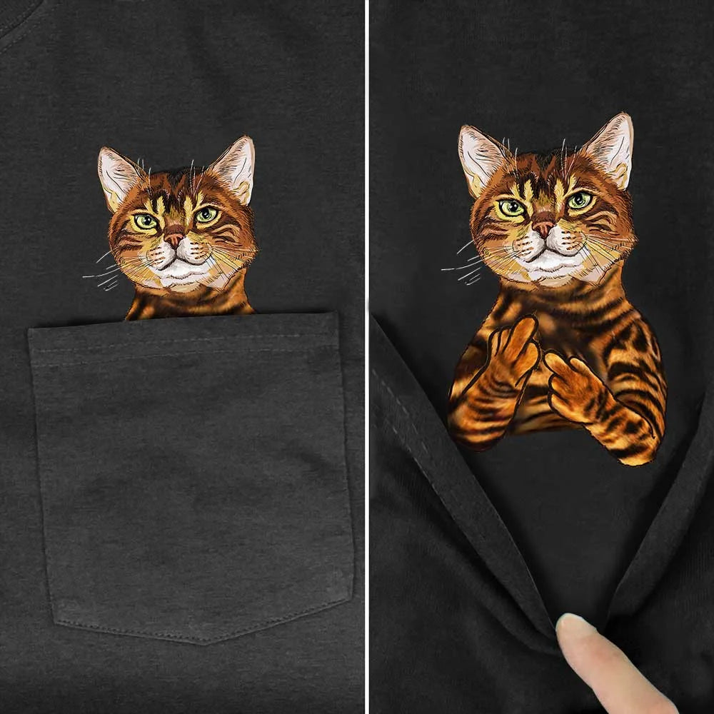 Animal T-Shirt Fashion Brand Summer Pocket Cat Stickers Printed T-shirt Men's Women Shirts Hip Hop Tops Funny Cotton Tees Cotton T-shirt 3