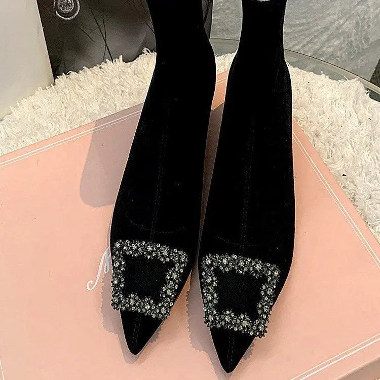 Ankle Boots Women Boots Women Shoes Woman Fashion High-heeled Pointed Flock Boots Spring Autumn Rhinestone Short Boots 7