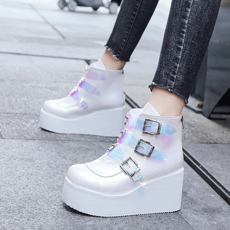Ankle Boots for Women Street Fashion Casual Wedges Platform Shoes Size 43 Super High Heel Belt Buckle Designer Boots Female WHITE