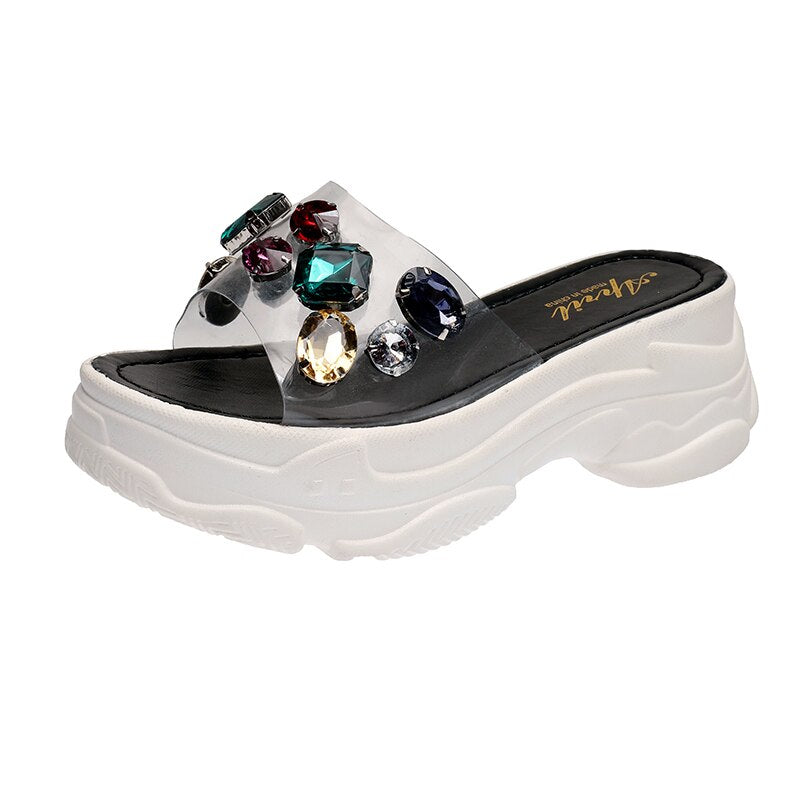 Aphixta Platform Rhinestone Sandals Slippers 6cm Height Increasing Slides Transparent Light Ladies Wedge Summer Beach Slippers Black