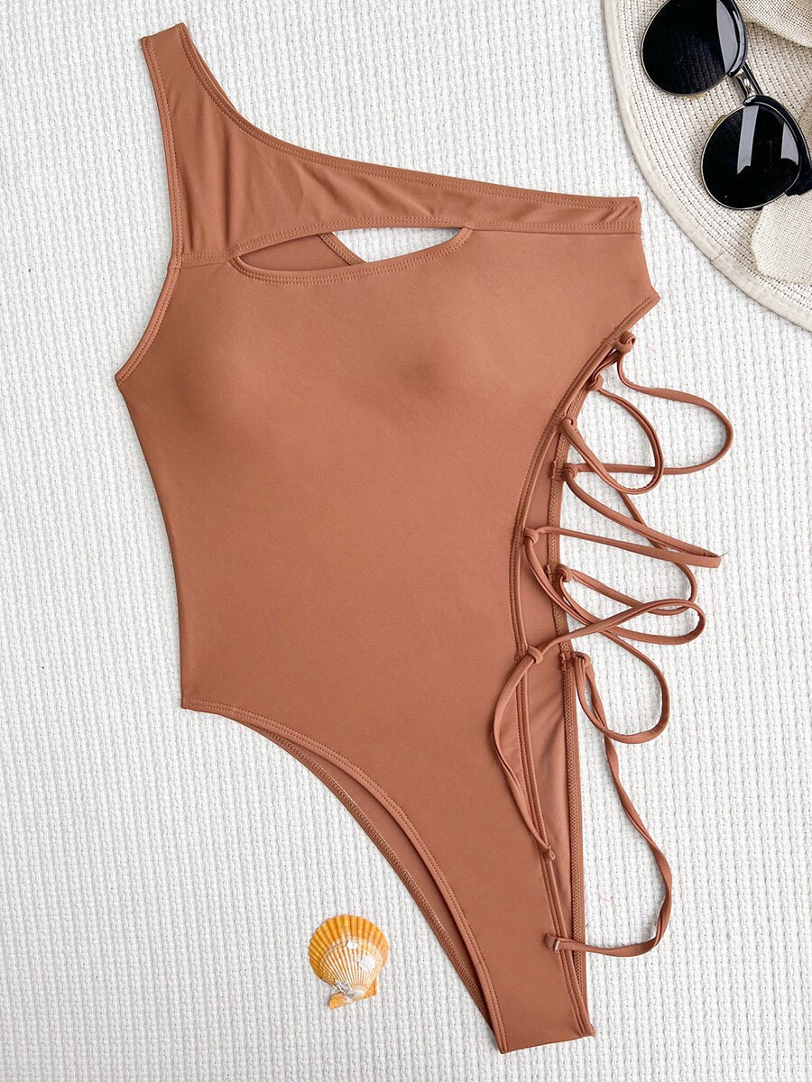 Asymmetric One Shoulder Lace Up - Swimwear One Piece Swimsuit Female Monokini Cut Out Bather Bathing Suit Swim Lady B605Coffee