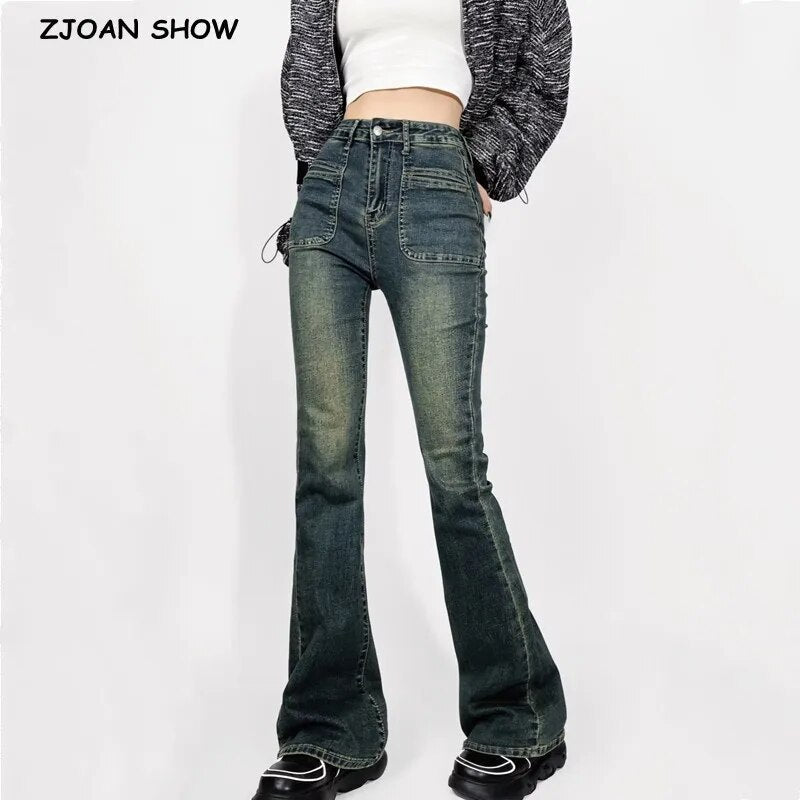 Autumn American Retro High Waist Floor Length Flare Jeans Women Vintage Stretch Denim Pants Streetwear Long Trousers