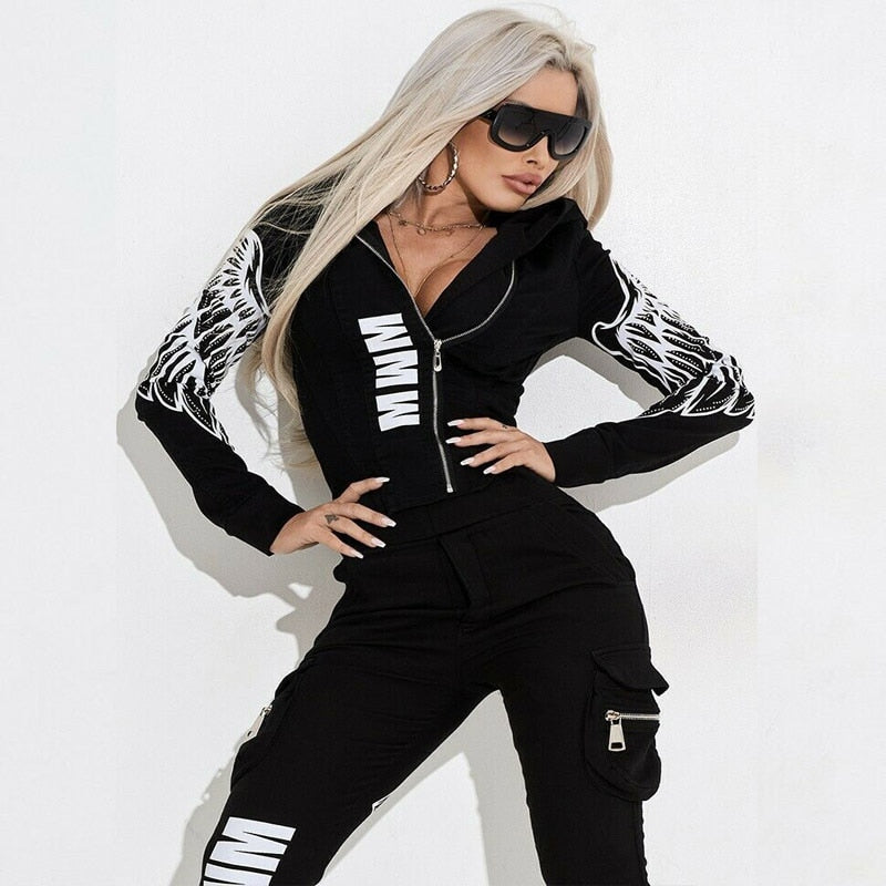 Autumn And Winter New Fashion Sexy Women's Suits Wings Print Zipper Hooded Street Shooting Casual Suits