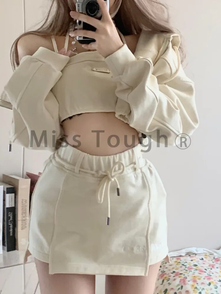 Autumn Casual Kawaii 3 Piece Set Women Japanese Sweet Hooded Sweatshirt Suit Female Korean Designer Solid Mini Skirt Suit 2024