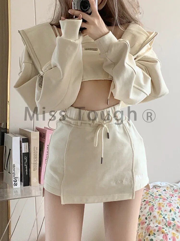 Autumn Casual Kawaii 3 Piece Set Women Japanese Sweet Hooded Sweatshirt Suit Female Korean Designer Solid Mini Skirt Suit 2024