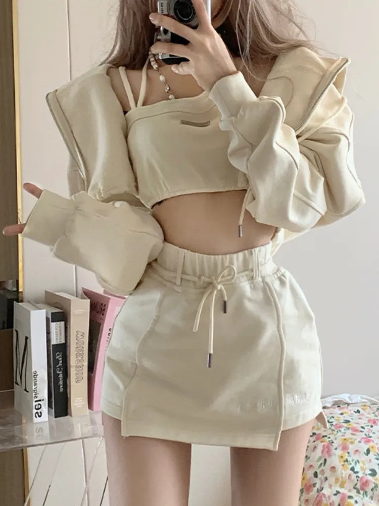 Autumn Casual Kawaii 3 Piece Set Women Japanese Sweet Hooded Sweatshirt Suit Female Korean Designer Solid Mini Skirt Suit 2024