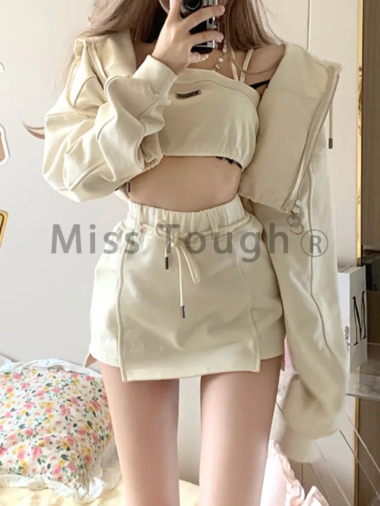 Autumn Casual Kawaii 3 Piece Set Women Japanese Sweet Hooded Sweatshirt Suit Female Korean Designer Solid Mini Skirt Suit 2024