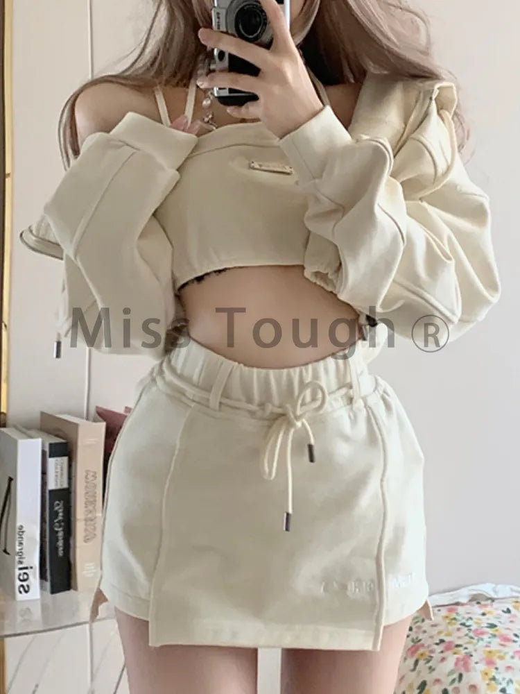 Autumn Casual Kawaii 3 Piece Set Women Japanese Sweet Hooded Sweatshirt Suit Female Korean Designer Solid Mini Skirt Suit 2024