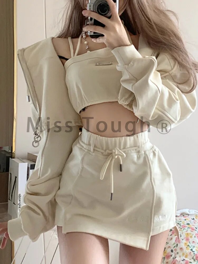 Autumn Casual Kawaii 3 Piece Set Women Japanese Sweet Hooded Sweatshirt Suit Female Korean Designer Solid Mini Skirt Suit 2024