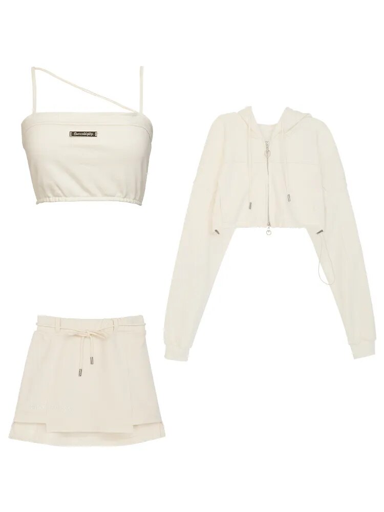 Autumn Casual Kawaii 3 Piece Set Women Japanese Sweet Hooded Sweatshirt Suit Female Korean Designer Solid Mini Skirt Suit 2024 Beige