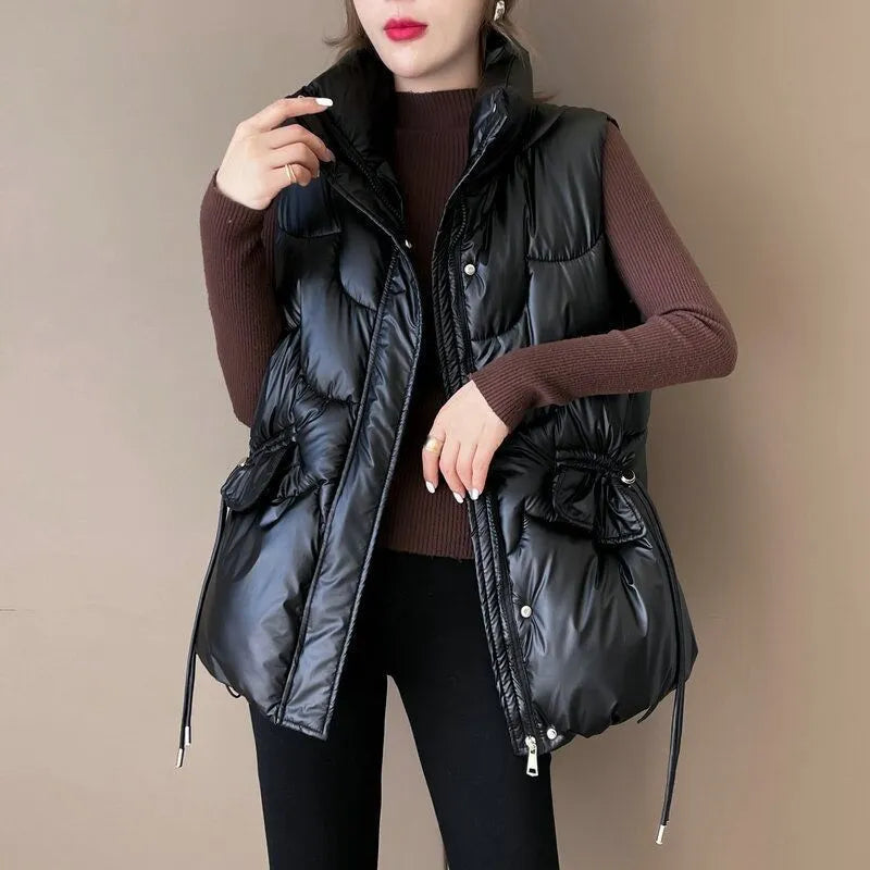 Autumn Elegant Women Stand Collar Cotton Padded Vest Winter Warm Female Sleeveless Jacket Solid Casual Fashion Coat Vests black