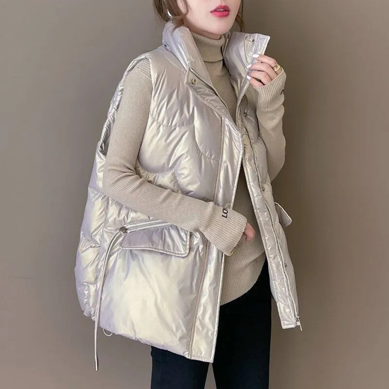 Autumn Elegant Women Stand Collar Cotton Padded Vest Winter Warm Female Sleeveless Jacket Solid Casual Fashion Coat Vests