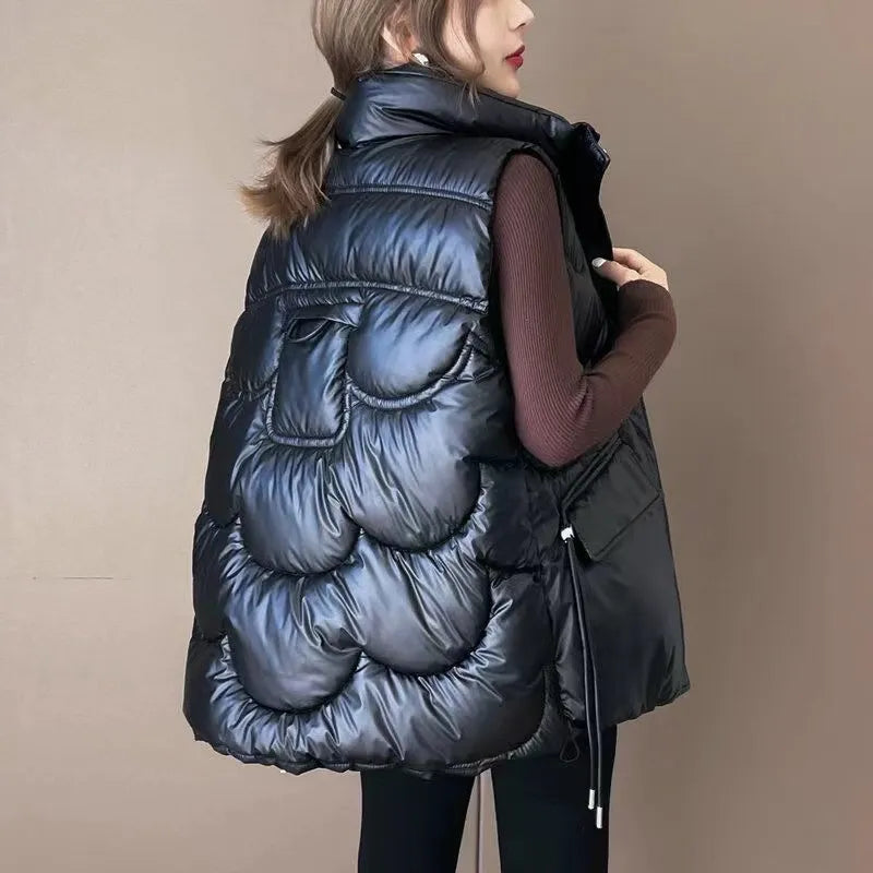 Autumn Elegant Women Stand Collar Cotton Padded Vest Winter Warm Female Sleeveless Jacket Solid Casual Fashion Coat Vests