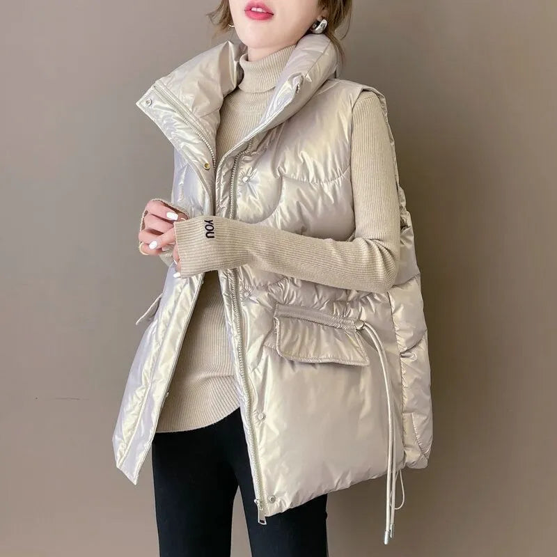 Autumn Elegant Women Stand Collar Cotton Padded Vest Winter Warm Female Sleeveless Jacket Solid Casual Fashion Coat Vests champagne