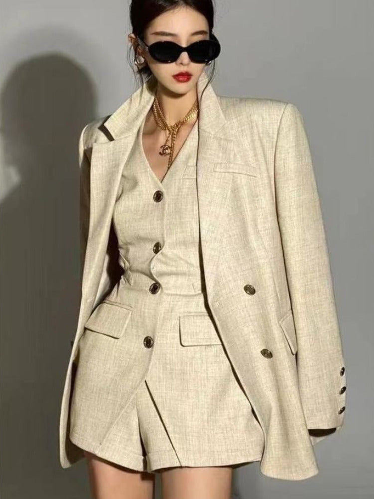 Autumn England Style Elegant Fashion 3 Piece Pant Sets For Women Korean Casual Blazer Coat + Vest Top + High Waist Short Sets