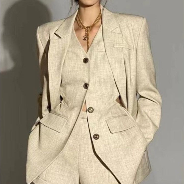 Autumn England Style Elegant Fashion 3 Piece Pant Sets For Women Korean Casual Blazer Coat + Vest Top + High Waist Short Sets Picture Color