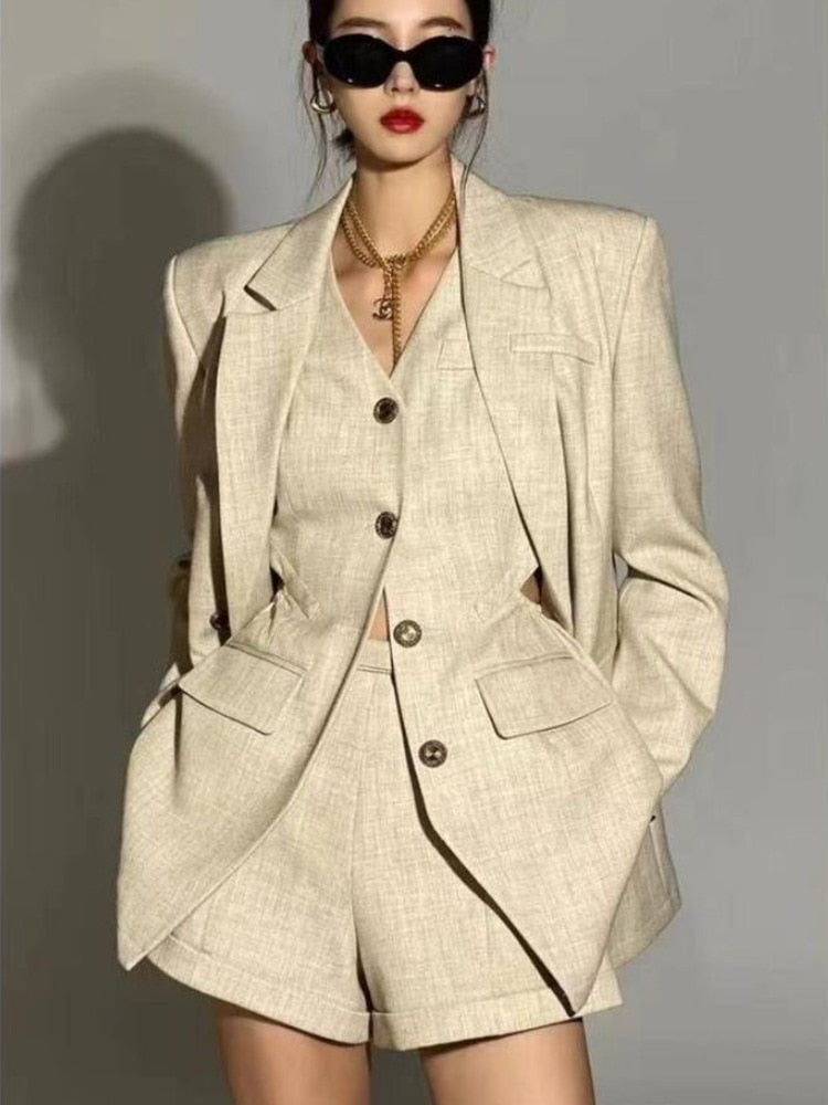 Autumn England Style Elegant Fashion 3 Piece Pant Sets For Women Korean Casual Blazer Coat + Vest Top + High Waist Short Sets Picture Color