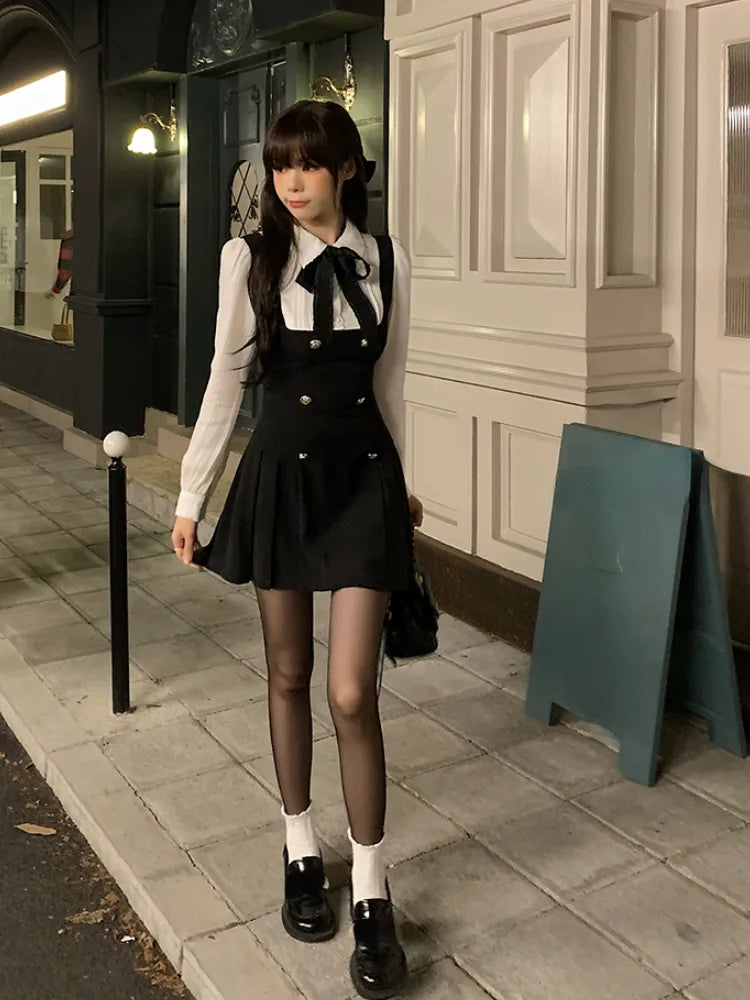 Autumn Fake Two Dress Women Slim Chic Long Sleeve Bow Casual Y2k Mini Dress Female Korean Fashion Elegant Short Party Dress