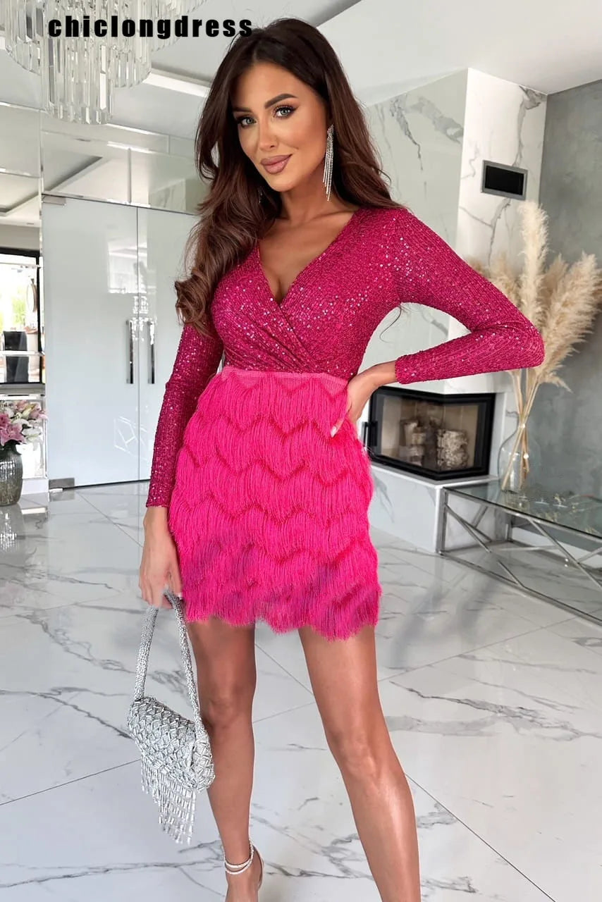 Autumn Fashion Sequin Feather Party Dress Women Sexy Luxury V-neck Sequin Feather Mini Dress Women