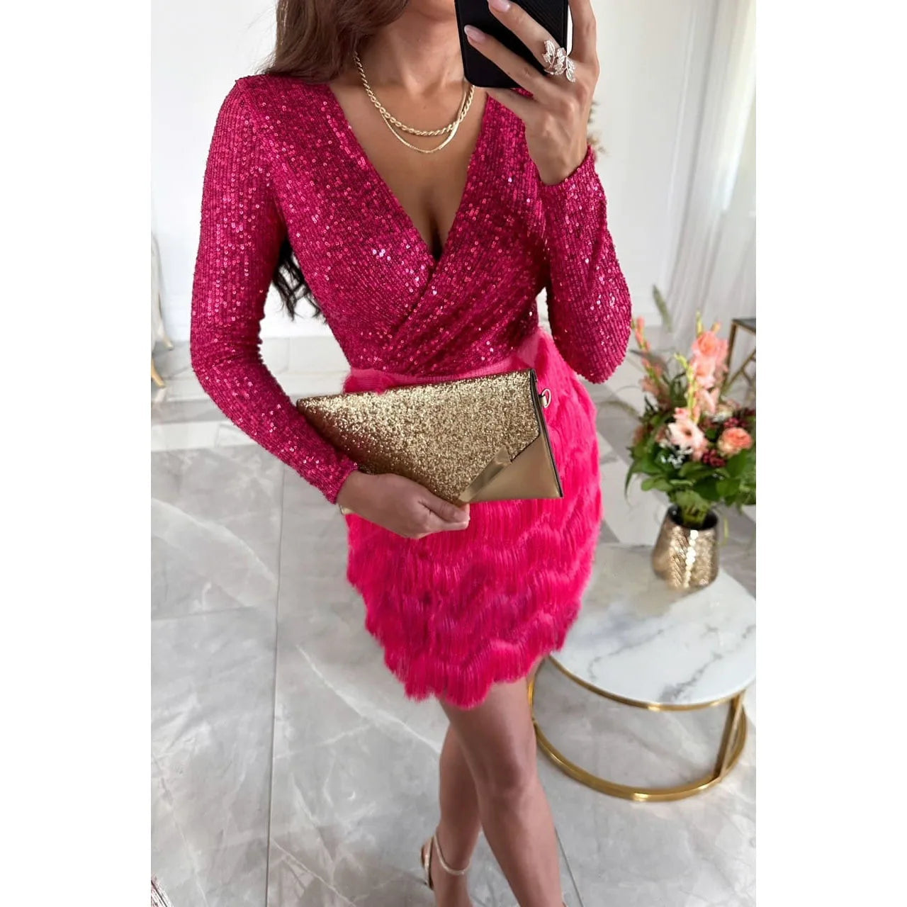 Autumn Fashion Sequin Feather Party Dress Women Sexy Luxury V-neck Sequin Feather Mini Dress Women Rose Red