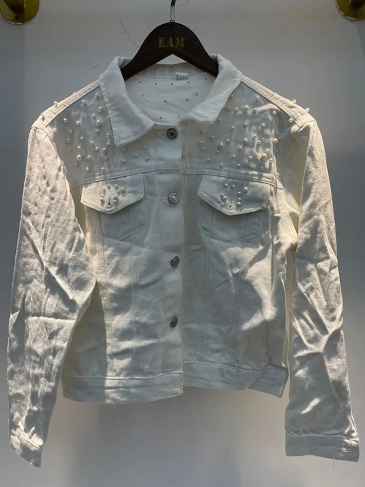 Autumn Fashion Women’s Denim Jacket Full Sleeve Loose Button Pearls Short Lapel Wild Casual