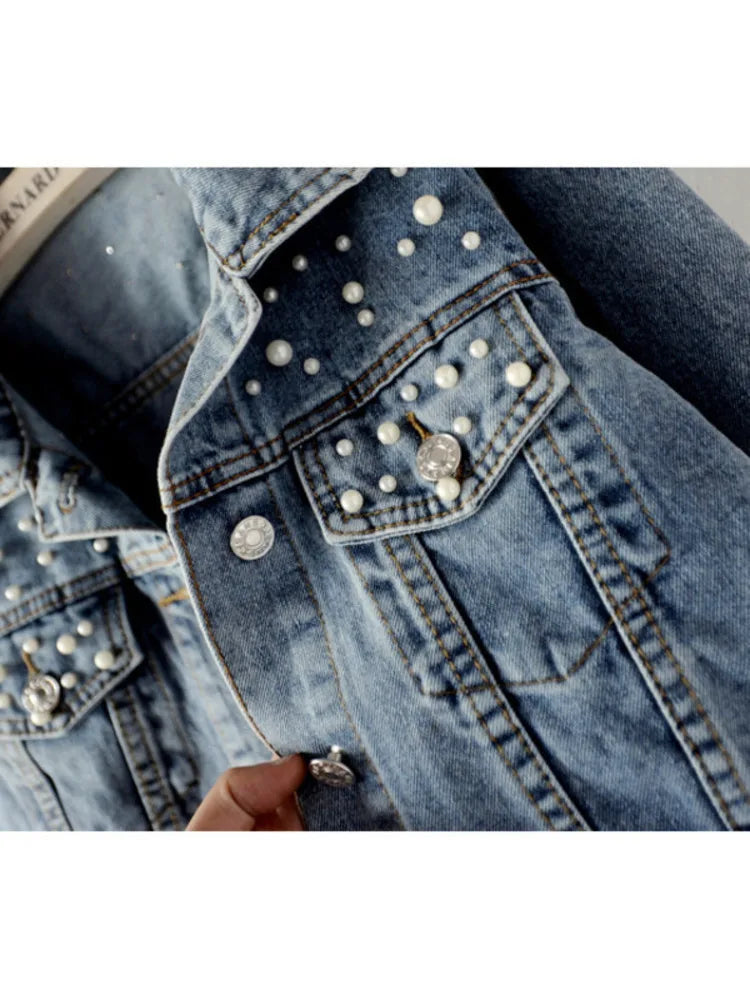 Autumn Fashion Women’s Denim Jacket Full Sleeve Loose Button Pearls Short Lapel Wild Casual