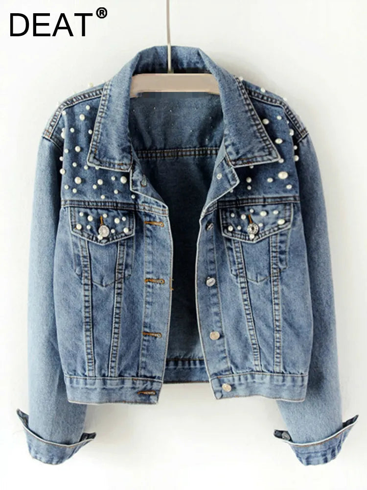 Autumn Fashion Women’s Denim Jacket Full Sleeve Loose Button Pearls Short Lapel Wild Casual