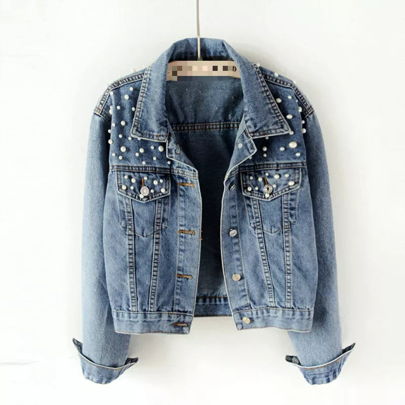 Autumn Fashion Women’s Denim Jacket Full Sleeve Loose Button Pearls Short Lapel Wild Casual denim blue jackets