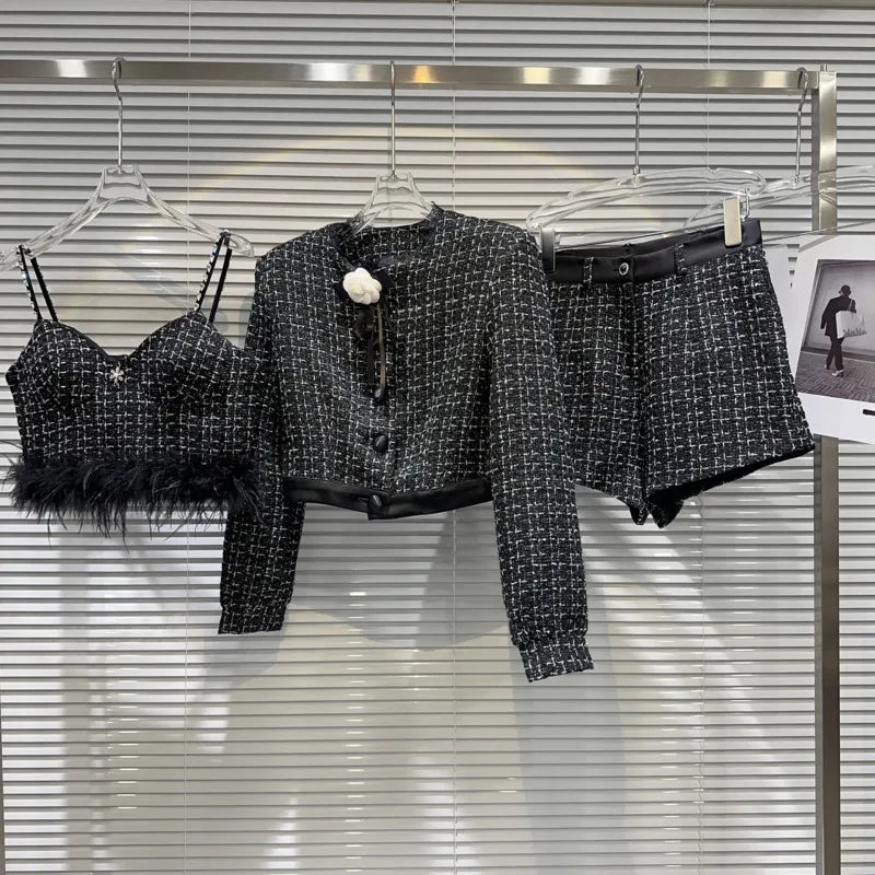 Autumn Feathers Camisole Floral Pin Plaid Jacket Slim Shorts Three Piece Set Outfits Women