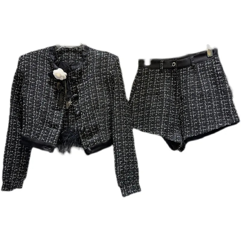 Autumn Feathers Camisole Floral Pin Plaid Jacket Slim Shorts Three Piece Set Outfits Women