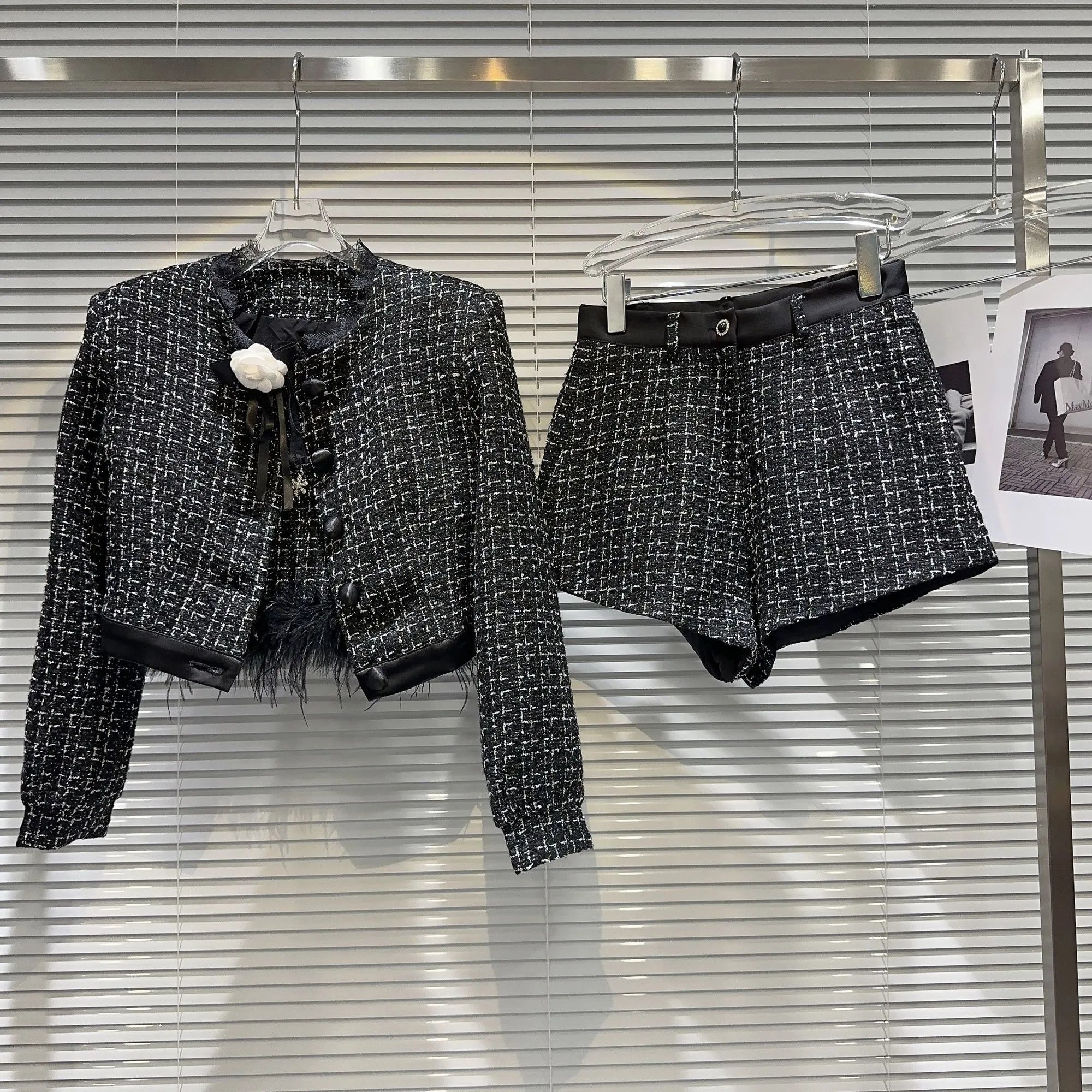 Autumn Feathers Camisole Floral Pin Plaid Jacket Slim Shorts Three Piece Set Outfits Women