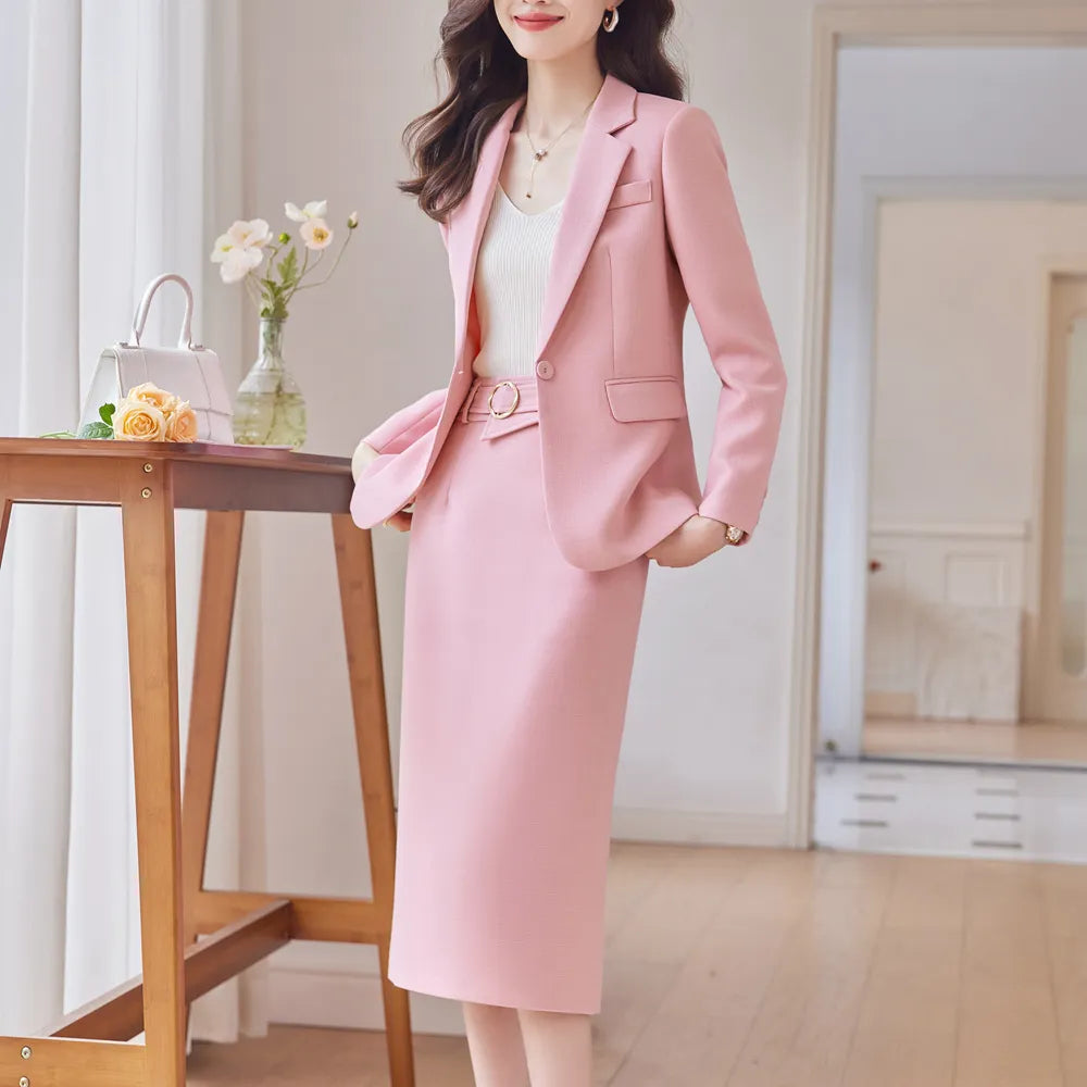 Autumn Formal Blazer Skirt Sets Outfits Korean Female Business Womens Office Ladies Work Jacket Suit 2-piece Set 2024 Winter New Pink Blazer Skirt