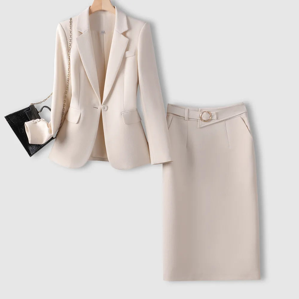 Autumn Formal Blazer Skirt Sets Outfits Korean Female Business Womens Office Ladies Work Jacket Suit 2-piece Set 2024 Winter New Beige Blazer Skirt
