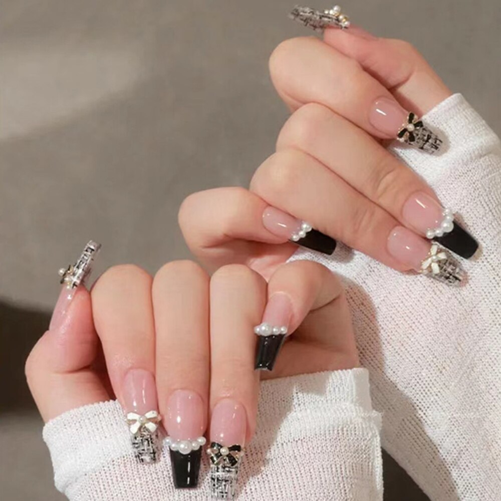 Autumn French False Nails with Butterfly Pearl Decor Bride Fake Nail Wearable Press on Nails Coffin Ballet Nail Tips for Girls