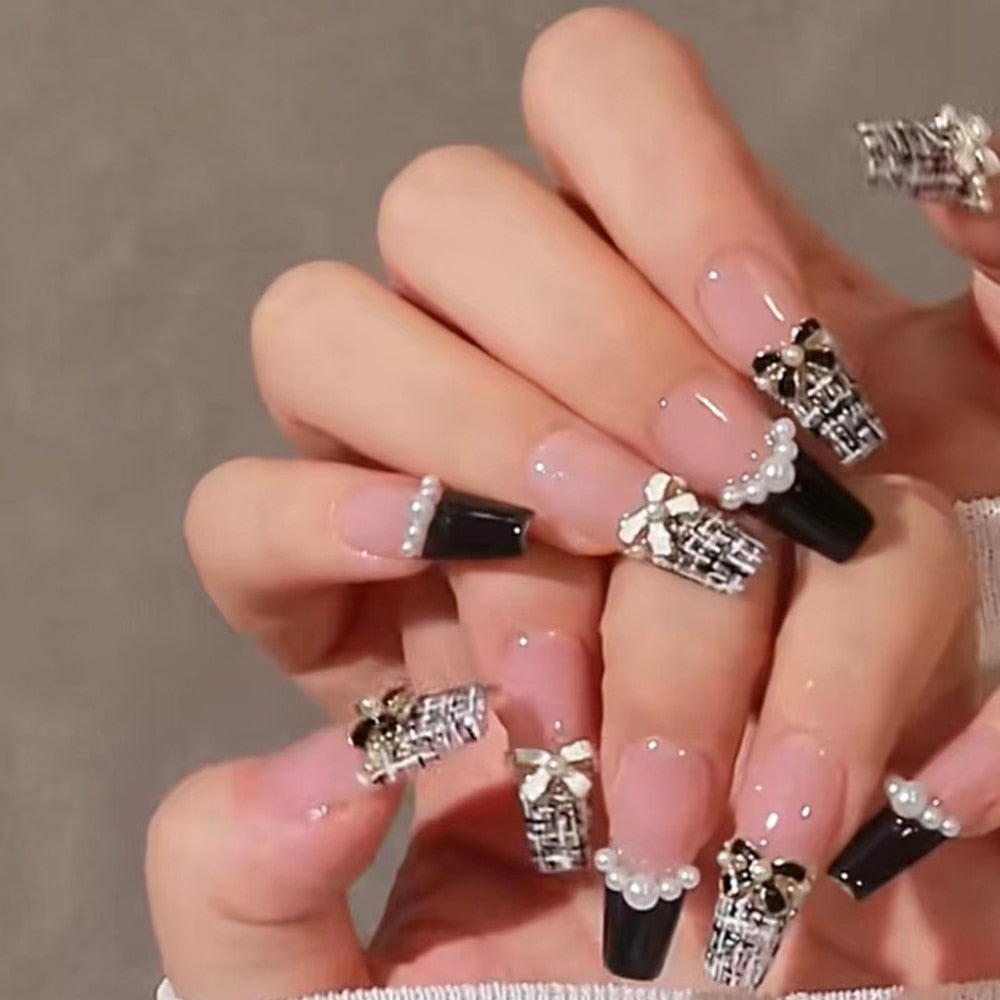 Autumn French False Nails with Butterfly Pearl Decor Bride Fake Nail Wearable Press on Nails Coffin Ballet Nail Tips for Girls S1
