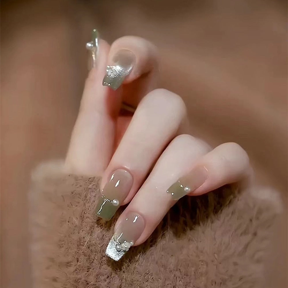 Autumn French False Nails with Butterfly Pearl Decor Bride Fake Nail Wearable Press on Nails Coffin Ballet Nail Tips for Girls S9