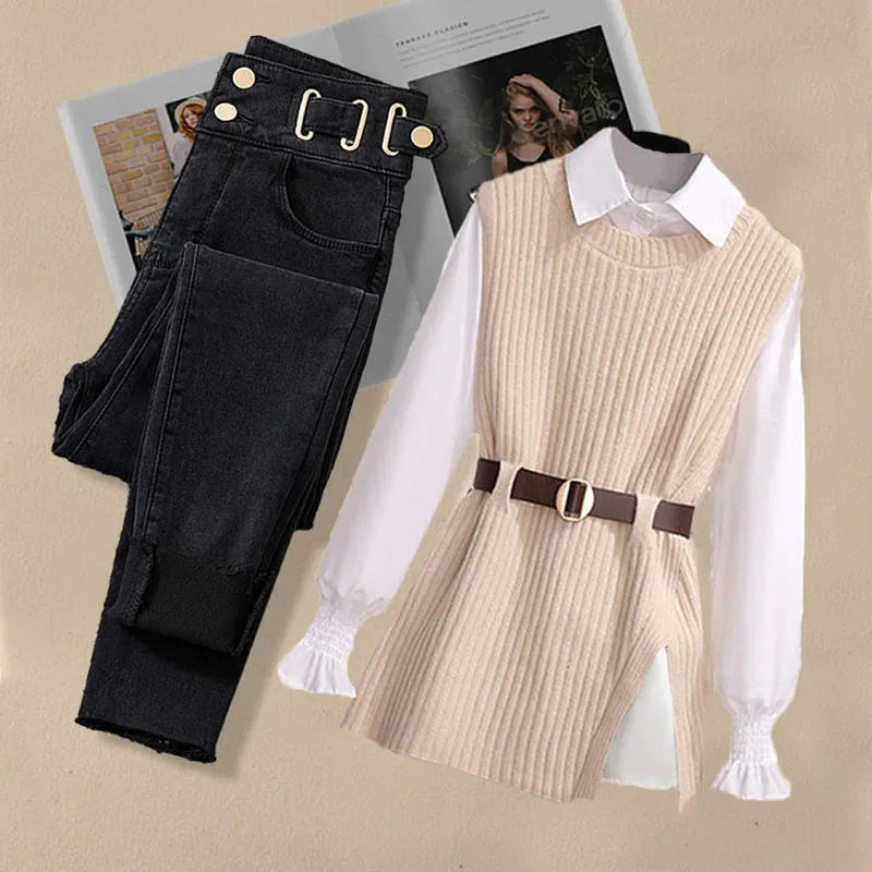 Autumn Increased Size Korean Popular Chiffon Shirt Knitted Sweater Jeans Three Piece Elegant Women's Pants Set Tracksuit