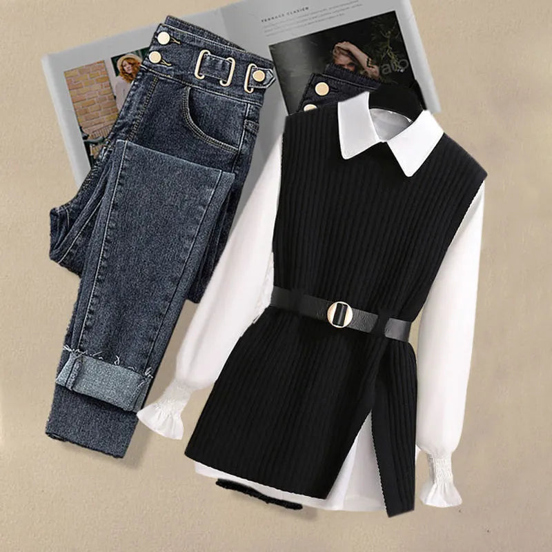 Autumn Increased Size Korean Popular Chiffon Shirt Knitted Sweater Jeans Three Piece Elegant Women's Pants Set Tracksuit