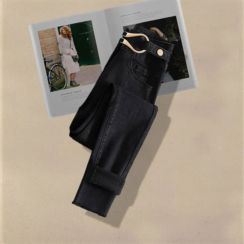 Autumn Increased Size Korean Popular Chiffon Shirt Knitted Sweater Jeans Three Piece Elegant Women's Pants Set Tracksuit black jeans