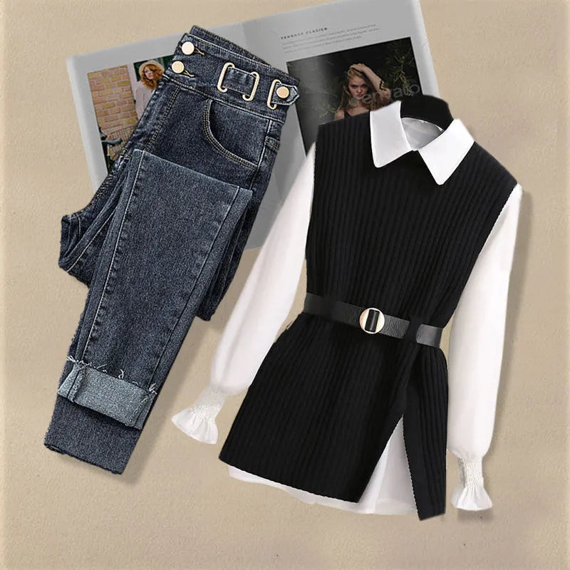 Autumn Increased Size Korean Popular Chiffon Shirt Knitted Sweater Jeans Three Piece Elegant Women's Pants Set Tracksuit three piece set 3